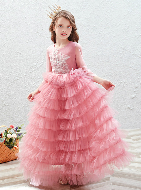 Pink Tulle Long Sleeve Appliques Flower Girl Dress