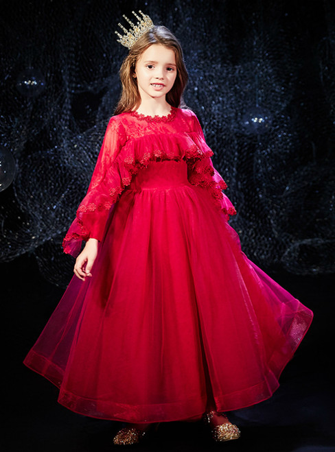 Red Long Sleeve Tulle Flower Girl Dress