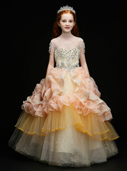 In Stock:Ship in 48 Hours Champagne Tulle Sequins Beading Crystal Flower Girl Dress