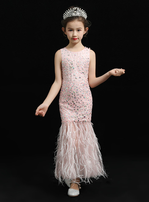 In Stock:Ship in 48 Hours Pink Sheath Beading Crystal Feather Flower Girl Dress