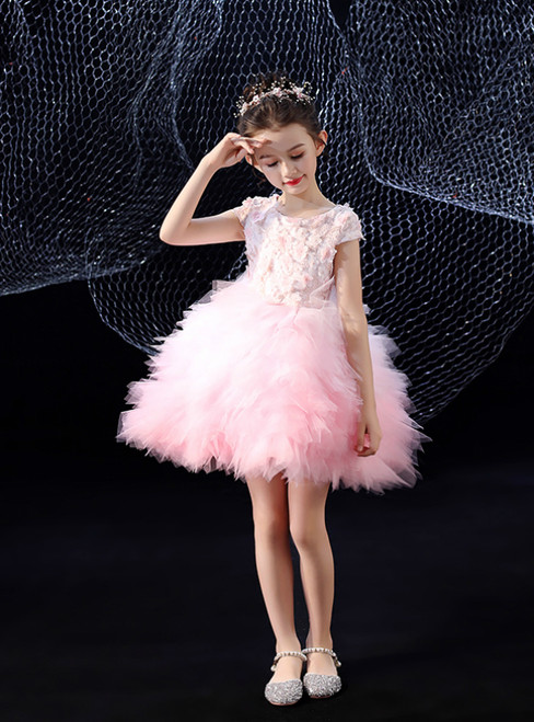 In Stock:Ship in 48 Hours Pink Tulle Appliques Cap Sleeve Short Flower Girl Dress