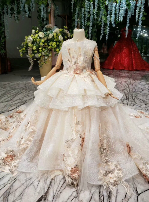 Champagne Ball Gown Tulle Sequins Embroidery Appliques Flower Girl Dress