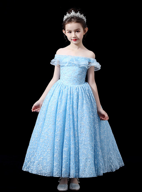 In Stock:Ship in 48 Hours Blue Tulle Off the Shoulder Embroidery Flower Girl Dress