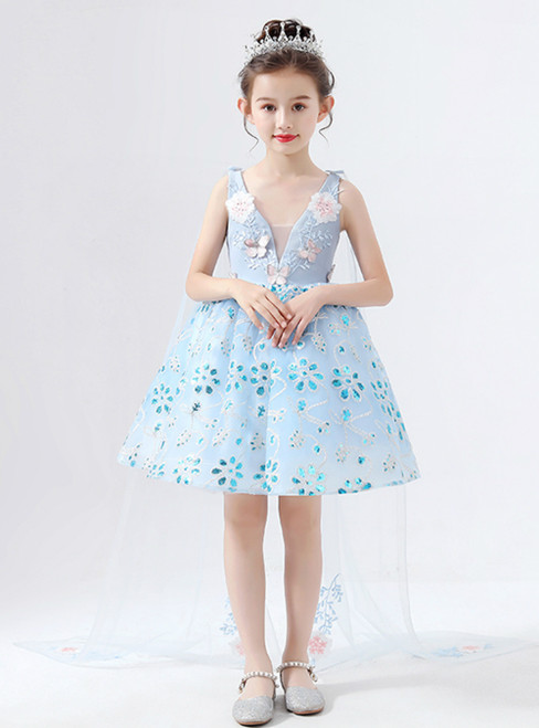 In Stock:Ship in 48 Hours Blue Tulle V-neck Sequins Flower Girl Dress