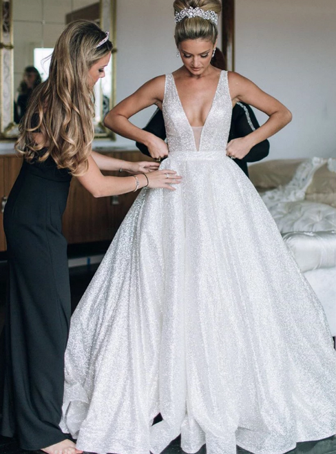 White Ball Gown Sequins Deep V-neck Beading Wedding Dress