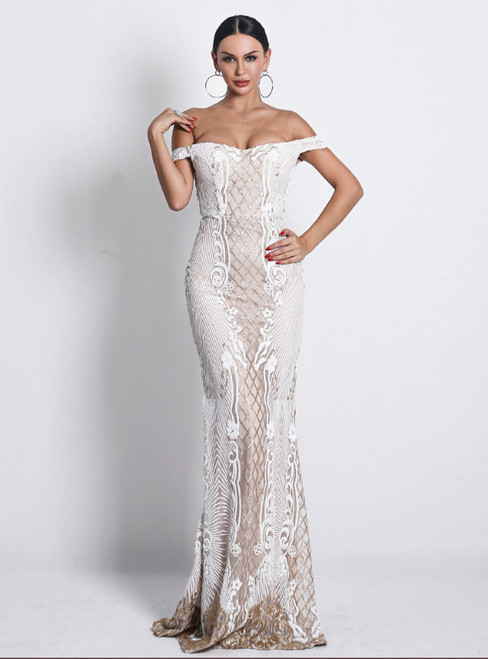 In Stock:Ship in 48 Hours Champagne Mermaid Sequins Off the Shoulder Party Dress