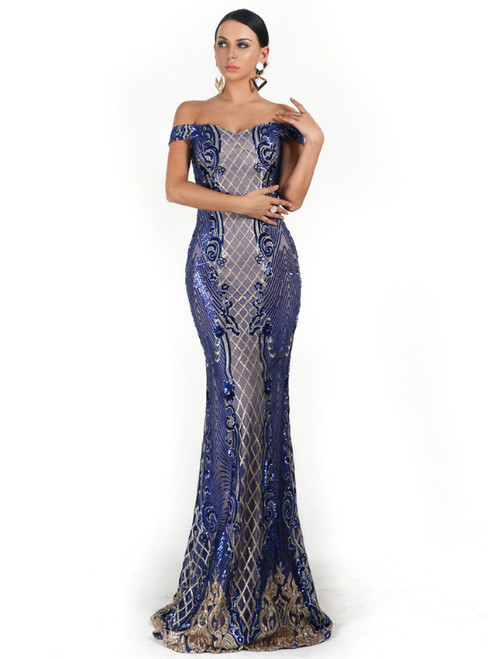 In Stock:Ship in 48 Hours Sexy Blue Mermaid Sequins Off the Shoulder Party Dress