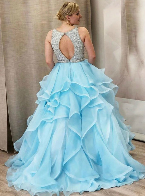 Blue Ball Gown Organza Ruffles Backless Prom Dress With Beading 
