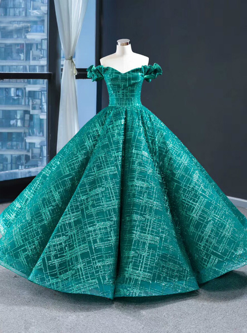 Green Ball Gown Sequins Off the Shoulder Floor Length Prom Dress