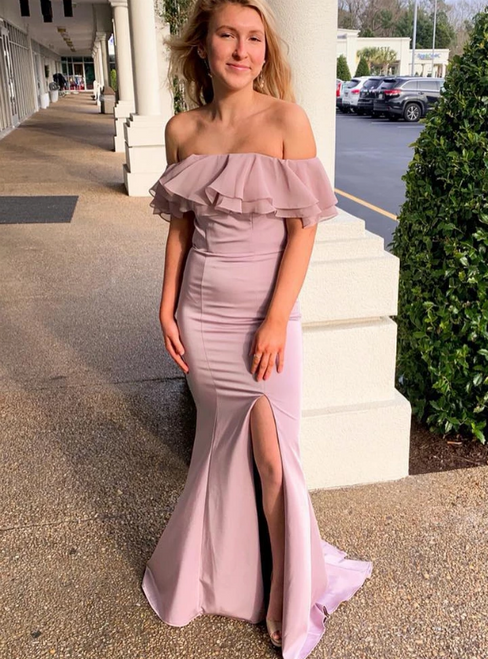 Pink Mermaid Satin Off the Shoulder Backless Ruffles Prom Dress