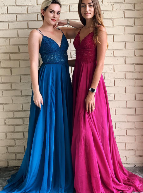 A-Line Blue/Burgundy Chiffon Spaghetti Straps Appliques Prom Dress