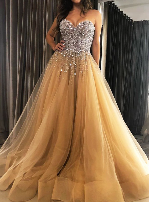 Champagne Tulle Sequins Beading Sweetheart Prom Dress