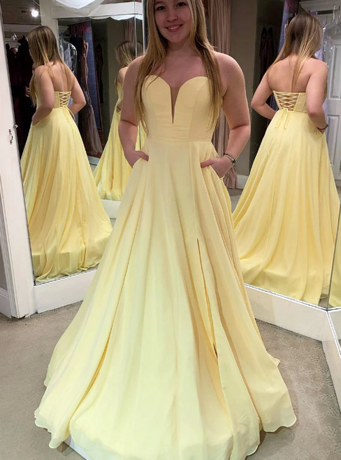 A-Line Yellow Chiffon Sweetheart Long Prom Dress With Pocket
