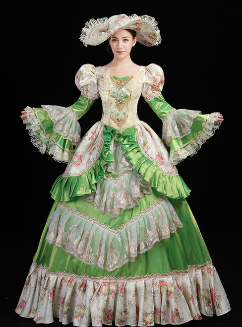 Green Ball Gown Satin Print Drama Show Vintage Gown Dress