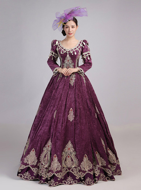 Purple Velvet Long Sleeve Lace Appliques Drama Show Vintage Gown Dress