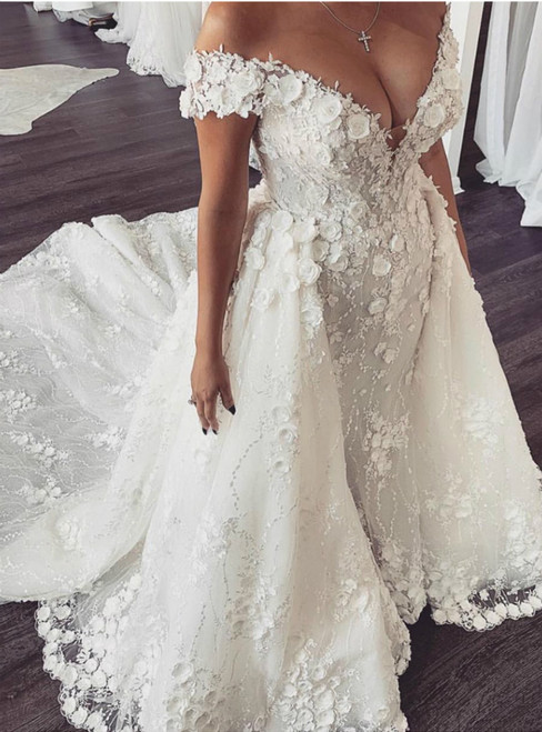 White Mermaid Tulle Appliques Off the Shoulder Wedding Dress With Detachable Skirt