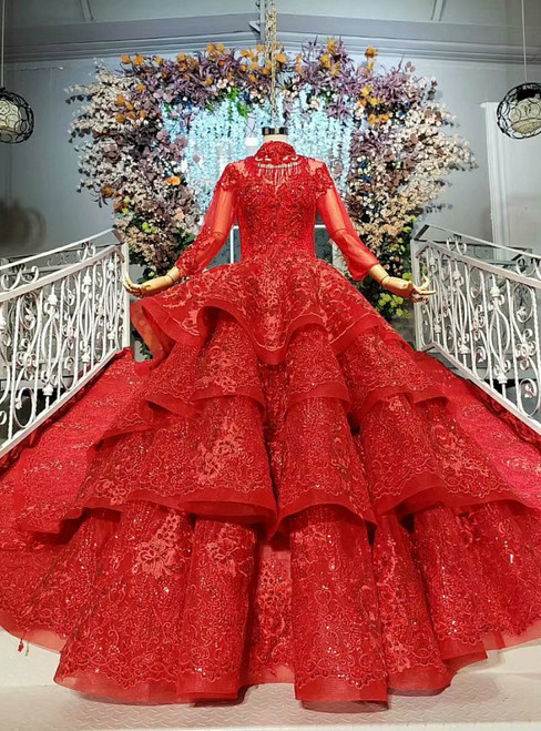 Red Ball Gown Tulle Lace High Neck Long Sleeve Wedding Dress With Beading