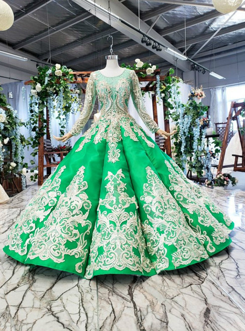 Green Ball Gown Satin Appliques Long SLeeve BacklessBeading Wedding Dress