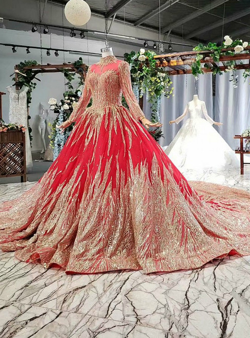 Red Ball Gown Tulle Sequins Long Sleeve High Neck Wedding Dress