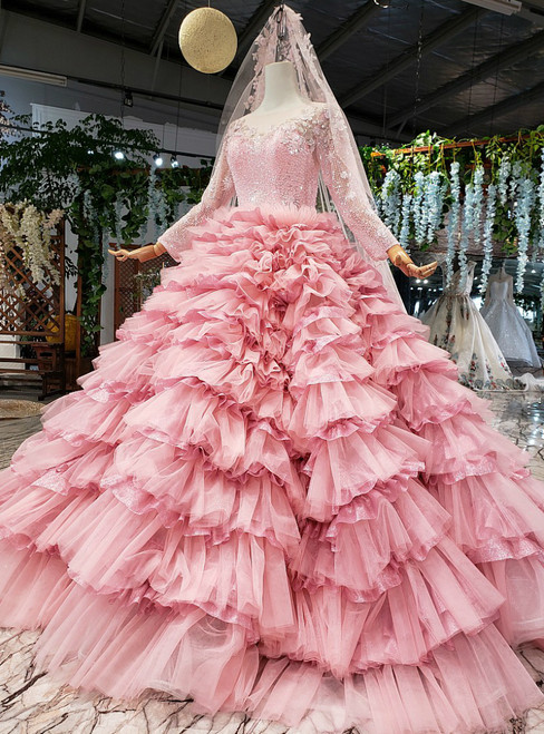 Pink Ball Gown Tulle Long Sleeve Appliques Beading Wedding Dress