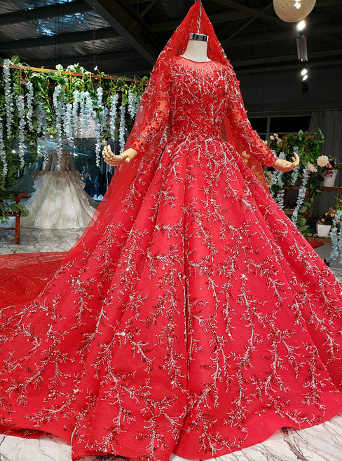 Red Ball Gown Tulle Hand Made Beading Long Sleeve Wedding Dress With Long Train