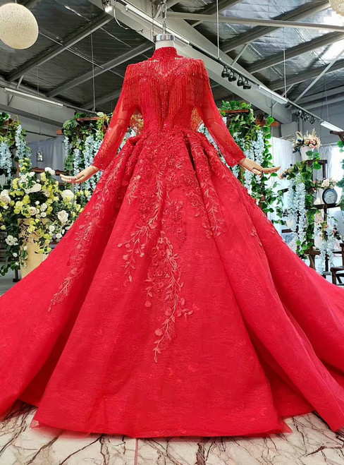 Shop Rose Red Embroidered Satin Silk Designer Gown Online in USA – Pure  Elegance