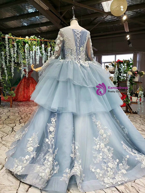 Temperament Blue Ball Gown Tulle Appliques Long Sleeve Wedding Dress