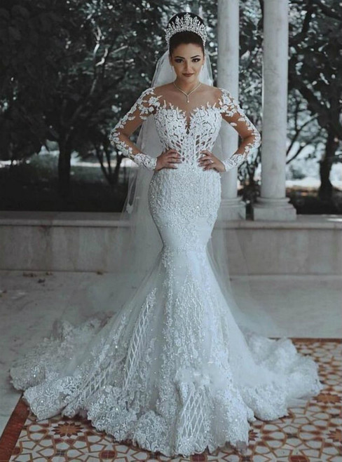 White Mermaid Tulle Lace Appliques Long Sleeve Wedding Dress