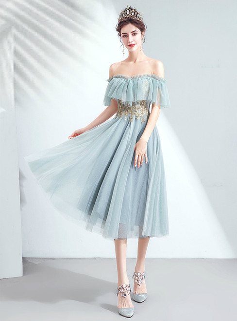 In Stock:Ship in 48 Hours Blue Tulle Off the Shoulder Homecoming Dress