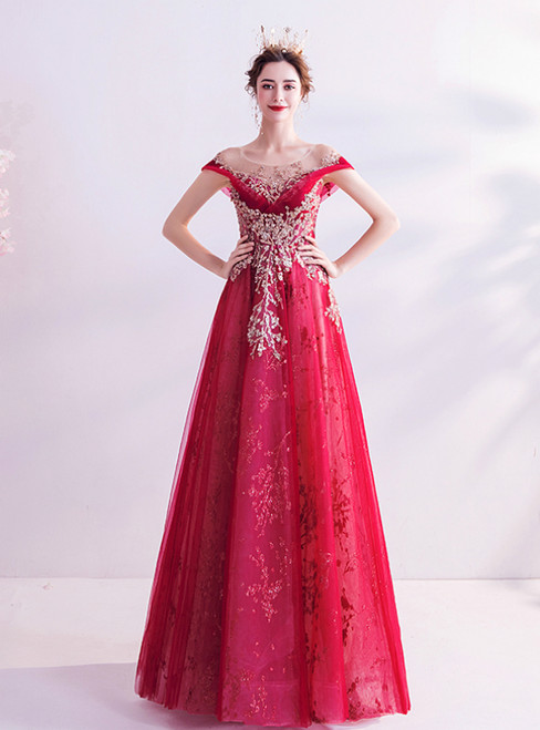 In Stock:Ship in 48 Hours Red Tulle Sequins Cap Sleeve Prom Dress