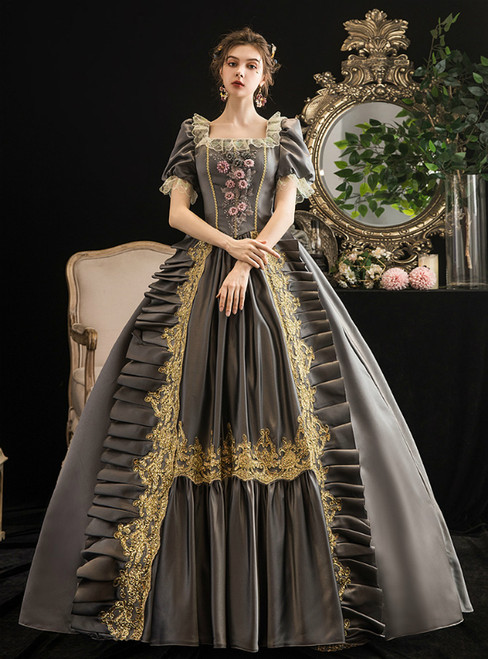 Gray Ball Gown Satin Square Appliques Drama Show Vintage Gown Dress