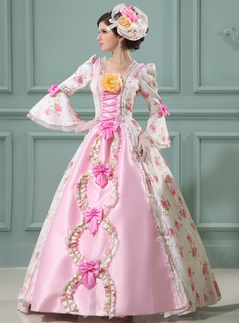 Pink Ball Gown Satin Long Sleeve Print Drama Show Vintage Gown Dress