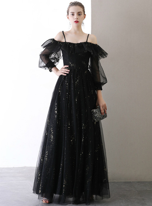 In Stock:Ship in 48 Hours Black Tulle Spagehtti Straps Long Sleeve Prom Dress