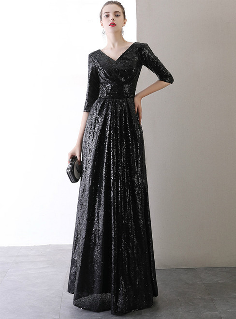 In Stock:Ship in 48 Hours Black Sequins V-neck Half Sleeve Prom Dress