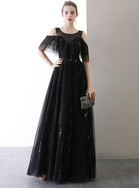 In Stock:Ship in 48 Hours Black Tulle Sequins Prom Dress