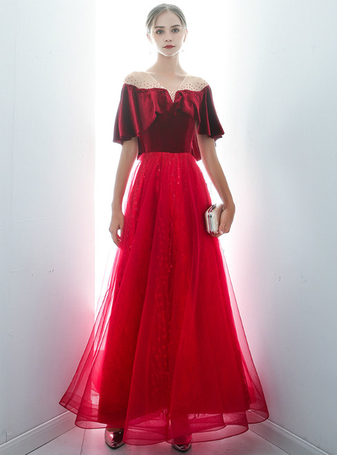 In Stock:Ship in 48 Hours Burgundy Tulle Sequins Prom Dress