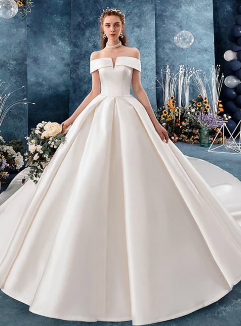 White Ball Gown Satin Off the Shoulder Pleats Wedding Dress With Train