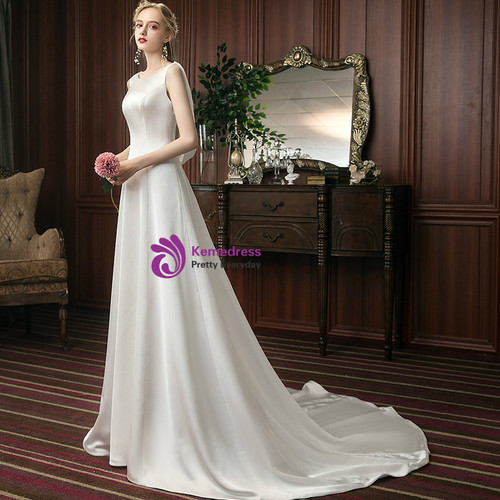 A-Line White Satin Backless Sleeveless Formal Wedding Dress