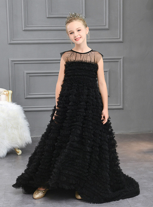 In Stock:Ship in 48 Hours Black Tulle Long Flower Girl Dress