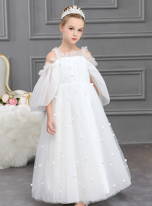 In Stock:Ship in 48 Hours White Tulle Horn Sleeve Flower Girl Dress With Beading