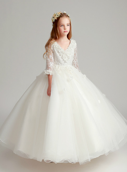 White Ball Gown Tulle V-neck Short Sleeve Flower Girl Dress