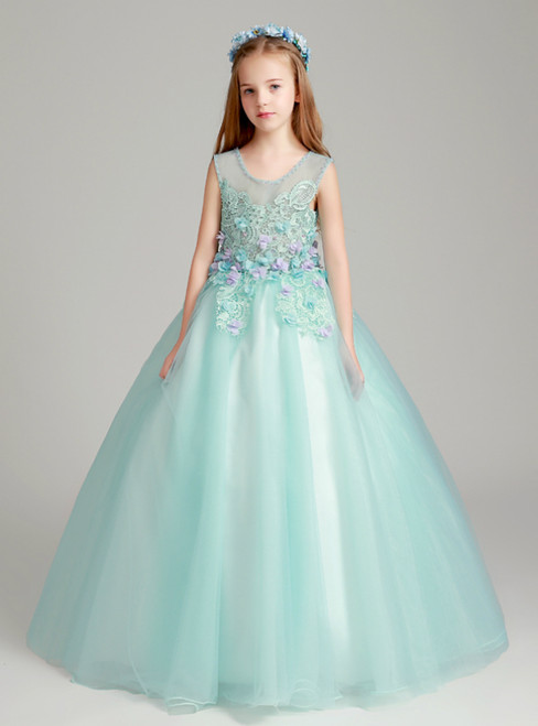 Green Ball Gown Tulle Appliques Flower Girl Dress