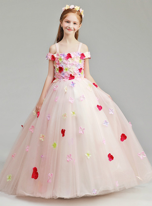 Pink Spagehtti Straps Tulle Appliques Flower Girl Dress