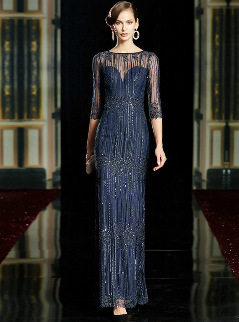 Elegant navy blue velvet sheath floor-length mother of the bride dress with high neckline, half sleeves, and beautiful floral appliqué details.