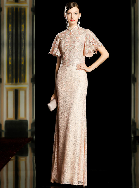 Pink Sheath Lace Sequins Long Mother of the Bride Dress