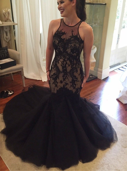 Long Back Black Tulle Mermaid Evening Dress with Lace Appliques