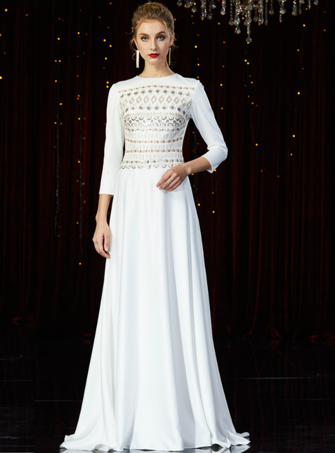 A-Line White Spandex Long Sleeve Sequins Mother of the Bride Dress