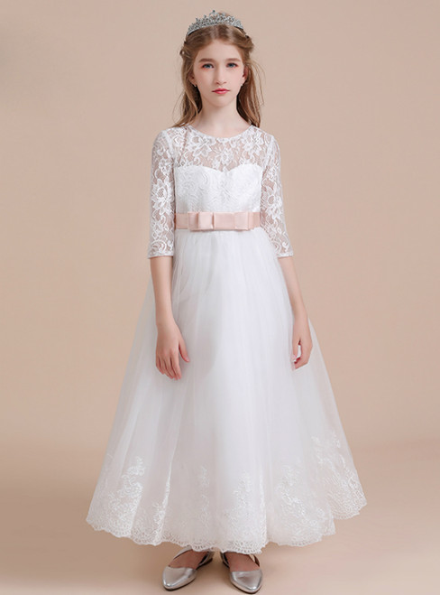 A-Line White Tulle Lace Appliques Half Sleeve Flower Girl Dress