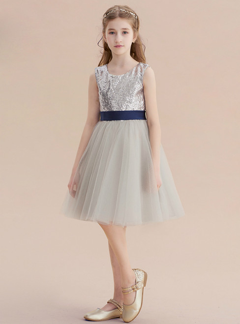 A-Line Gray Sequins Tulle Short Flower Girl Dress With Sash