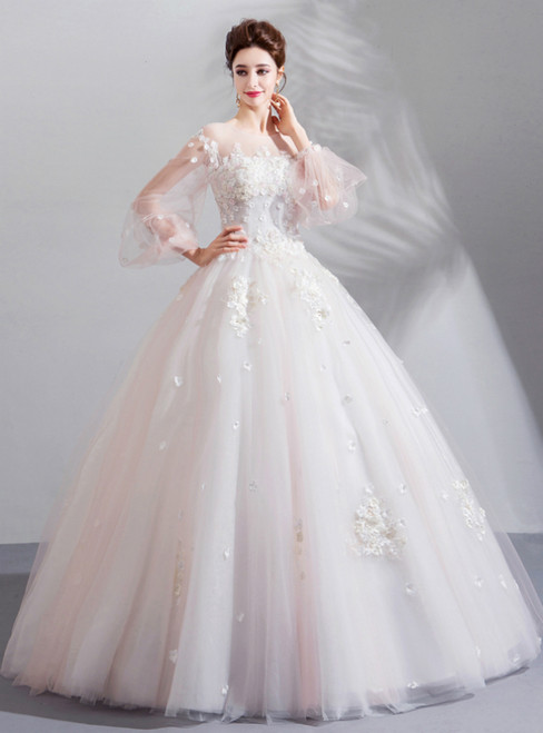 In Stock:Ship in 48 Hours White Ball Gown Tulle Long Sleeve Appliques Wedding Dress